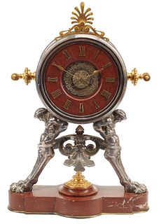 FRENCH NEO-GREC GILT & SILVERED BRONZE & ROUGE MARBLE MANTLE CLOCK