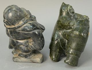 Two Inuit Eskimo carvings to include green serpentine Wrestlers ht. 7 1/2in. and Elija Nutura Griese Fiord serpentine Mother 