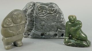 Three Inuit Eskimo carvings to include Annie Niviaxie (1930-1989) Kuujjuaraapik serpentine Mother & Child (ht. 7 1/4in.), Cha