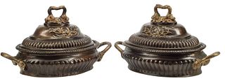 (2) LARGE DECORATIVE PATINATED BRONZE TUREEN-FORM POTS & COVERS