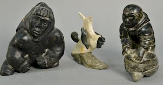 Three Inuit Eskimo figural carvings including Bobby Quppaapik Tarkirk (1934) Salluit black serpentine animals Flying Bird wit