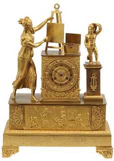 FRENCH RESTAURATION ORMOLU ALLEGORY OF PAINTING MANTLE CLOCK