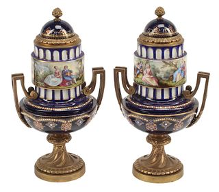 (2) SEVRES STYLE BRONZE-MOUNTED PORCELAIN VASES & COVERS