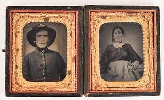 ANTIQUE DAGUERREOTYPE FRAMED PHOTOS  7Th CAVALRY SOLDIER & WOMAN
