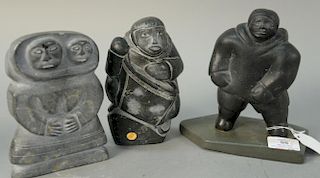 Three Inuit Eskimo figural carvings to include Jeannie Schuk Shauk (1920) Kuujjuaraapik (Great Whale River) grey steatite soa