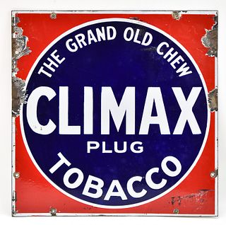 LARGE ORIGINAL "CLIMAX TOBACCO" THE GRAND OLD CHEW PORCELAIN ADVERTISING SIGN