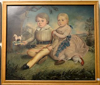 Primitive oil on canvas of two children, boy and girl, boy holding horse pull toy, middle 19th century. 
(relined) 
36" x 42"