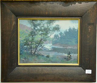 Edward Bradstreet (1878-1921) oil on board "Summer Night" unsigned, New Haven Paint and Clay Club label on verso, 13" x 16 3/