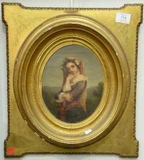 Oval oil on canvas portrait of young woman in gilt frame, 9 1/4" x 7 1/4". Provenance: Collection of Anne Jones Willis and th