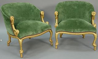 Pair of custom upholstered club chairs with gilt rope turnings (slight gilt chips). ht. 28in., wd. 28in.