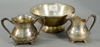 Three piece sterling silver to include bowl, sugar, and creamer. bowl: ht. 3 1/4in., dia. 7in.; sugar ht. 3 1/2in. 16.9 t oz.