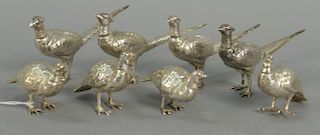 Set of eight sterling silver figural salt and pepper shakers including four cock pheasants and four hen pheasants. longest 5 