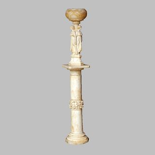 Three Graces, Neoclassical Carved Alabaster Sculptural Lamp & Pedestal 19thC