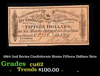 1864 2nd Series Confederate States Fifteen Dollars Note Grades Select CU