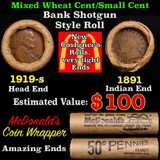 Small Cent Mixed Roll Orig Brandt McDonalds Wrapper, 1919-s Lincoln Wheat end, 1891 Indian other end, 50c