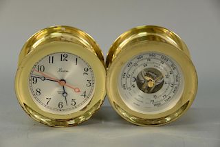 Brass ships clock and barometer, clock marked Boston, barometer marked Chelsea. ht. 3 1/2in., dia. 5 1/2in.
