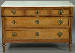 Louis XVI marble top commode with turret corners, 20th century. ht. 33in., wd. 48in.