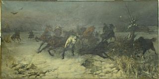 Rudolf Schrader (b. 1853) oil on canvas Horses on the Loose winter landscape, signed lower left R. Schrader Munchen, 39 3/4" 