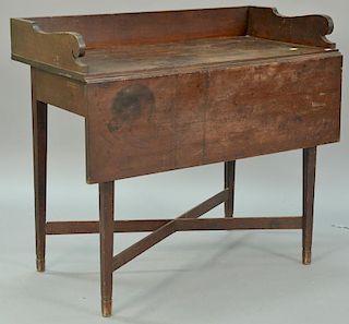 Cherry table having single drop leaf and gallery surround on square tapered legs with stretcher base, circa 1800 (one drop le