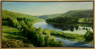 Jay Brooks (20th century) oil on canvas Spring River Valley Landscape, signed lower right J. Brooks 2000, hand crafted frame 