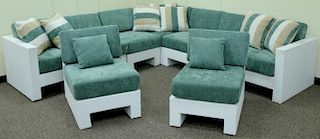 Veneman Breeze Collection bright white seven piece sectional sofa set with teal upholstered cushions, woven exterior with pow