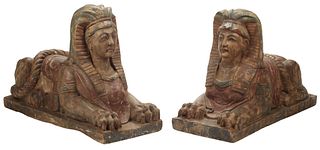 (2) LARGE CARVED WOOD FIGURES OF FEMALE SPHINXES 