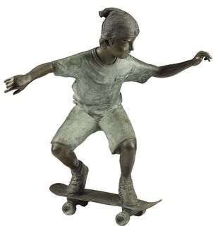 NEAR LIFE-SIZE PATINATED METAL SCULPTURE BOY ON A SKATEBOARD