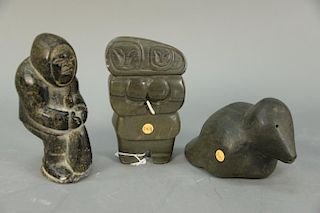 Three Inuit Eskimo figural carvings including Baker Lake dark grey serpentine Bird (Provenance: Waddington's William Eccles C