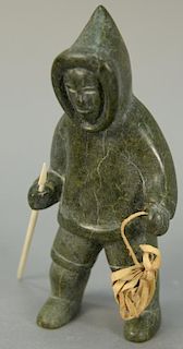 Inuit Eskimo carving Kapik Kolola (1926-1985) Kimmirut (Lake Harbor) dark green serpentine/hide Hunter with Spear.