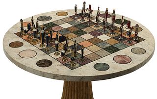 SPECIMEN MARBLE TOP GAMES TABLE WITH CHESS PIECES
