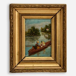 Charming Antique French Oil of Boaters 