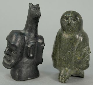 Two Inuit Eskimo figural carvings including Paneloo basalt Bird Shaman with Faces on Wings (Provenance: Waddington's) and Sim