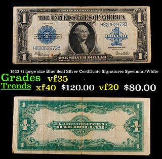 1923 $1 large size Blue Seal Silver Certificate Grades vf++ Signatures Speelman/White