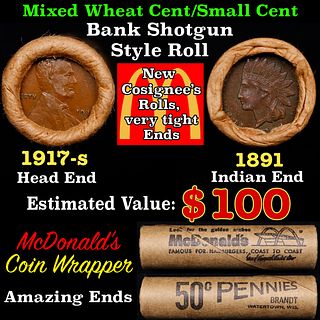 Small Cent Mixed Roll Orig Brandt McDonalds Wrapper, 1917-s Lincoln Wheat end, 1891 Indian other end, 50c