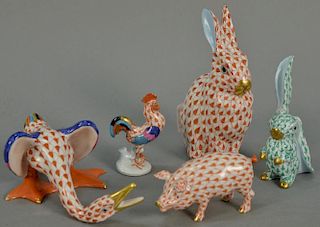 Five Herend Hungary porcelain animal figurines including four red rust fishnet: pig, rooster, rabbit, & squawking goose, and 