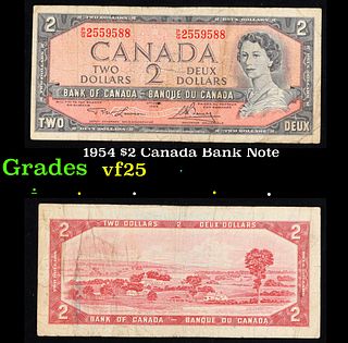 1973-1975 Canada (1954 Modified Hair Issue) 2 Dollars Banknote P# 76d, Sig. Lawson & Bouey Grades f+