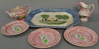 Spatterware six piece lot including creamer, teapot, and three plates (dia. 8 1/4in.) all with bird decoration (teapot, cream