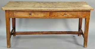 Slab top work table with two drawers on square tapered legs with H stretchers. ht. 32in., top: 27" x 66"