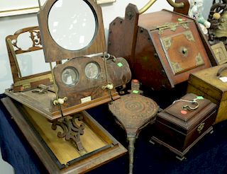 Six piece lot with Victorian graphoscope stereoscope viewer (ht. 25 1/2in.), picnic set in leather case, pair of 1952 Bocci B