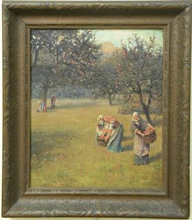 Edward D. Bradstreet (1878-1921) oil on board "In the Orchard" New Haven Paint and Clay Club label on verso, 12" x 10"