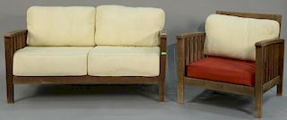 Plow and Hearth two piece teak set including loveseat and armchair with cushions (one cushions is replacement). lg. 56in.