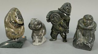 Four Inuit Eskimo carvings including Bear, Woman Kneeling, Monkey, and a Double figure. ht. 5 1/2in. to 8in.