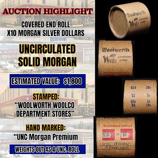Wow! Covered End Roll! Marked "Unc Morgan Premium"! X10 Coins Inside! (FC)