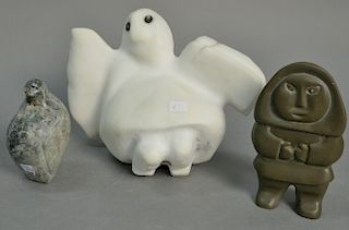 Three Inuit Eskimo carvings including Annie Niviaxie (1930-1989) Kuujjuaraapik serpentine Mother and Child (ht. 4in.), Eli Ti