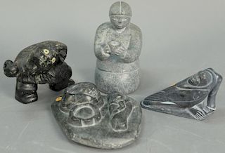 Four Inuit Eskimo carvings to include Mata Qissualuk (b. 1921) Ivujivik grey steatite Woman Holding Pot (6 1/2in.), Levi Quma