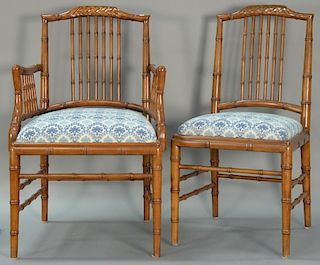 Set of eight faux bamboo dining chairs, each with lattice top rail, bamboo style turnings and blue and white upholstered slip