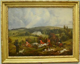 Oil on board 19th century Foxhunt Landscape, unsigned, 19" x 25 1/4".