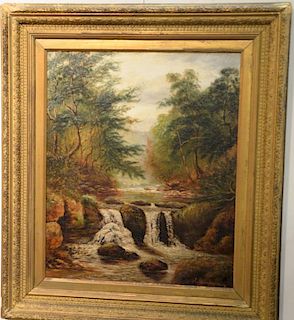 J. Thompson, River Landscape with Waterfall, 19th century oil on canvas, signed lower right J. Thompson, 24" x 20".