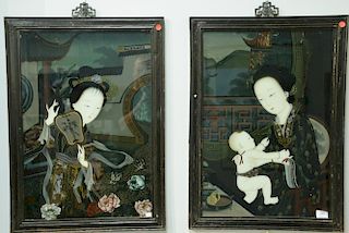 Set of three Chinese School reverse painting on glass of a guanyin in hardwood frame. 25 1/2" x 17 1/4" Provenance: Collectio