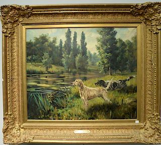 After Percival Leonard Rosseau (1859-1937) oil on canvas Pair of Pointers by a Pond, marked lower left Rosseau 1925. 20" x 24